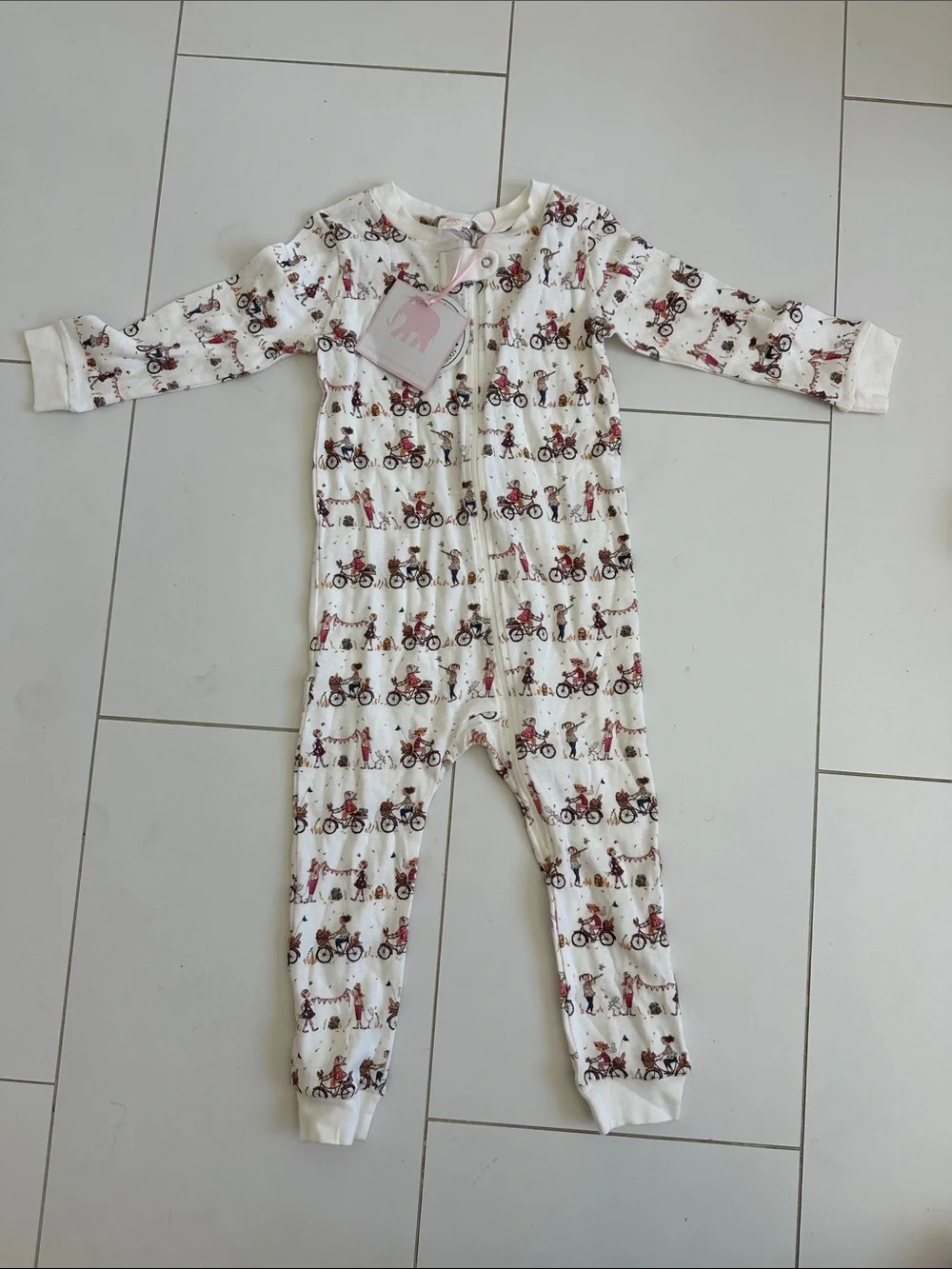 Pink elephant Cream Bicycle-Print Kids One-Piece Pajamas 3T